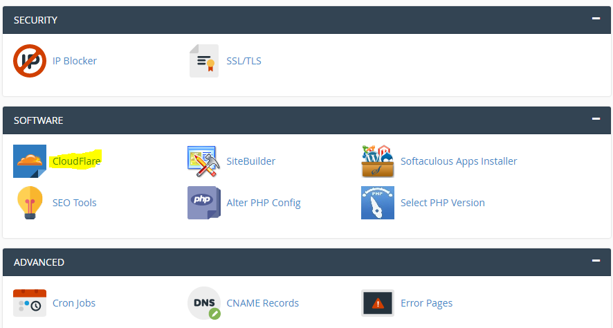 Vị trí CloudFlare trong Cpanel Admin