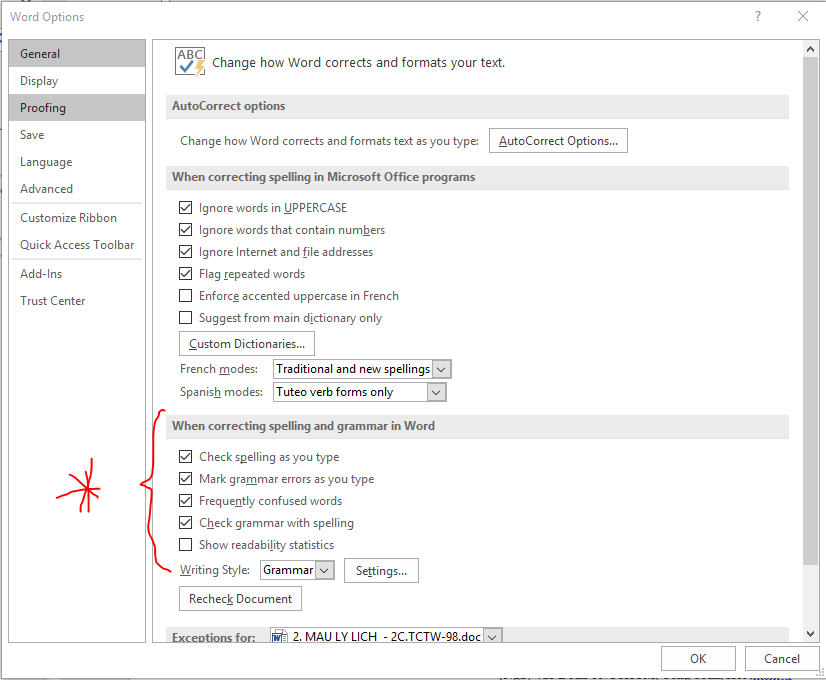Hướng dẫn tắt check grammar trong MS Word 2016