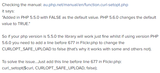 PHP 5.6 trở đi, cái hàm CURLOPT_SAFE_UPLOAD tự chuyển mặc định từ false thành true