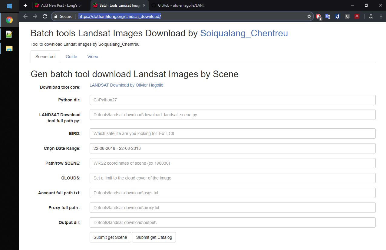 Giao diện của tool Gen batch tool download Landsat Images