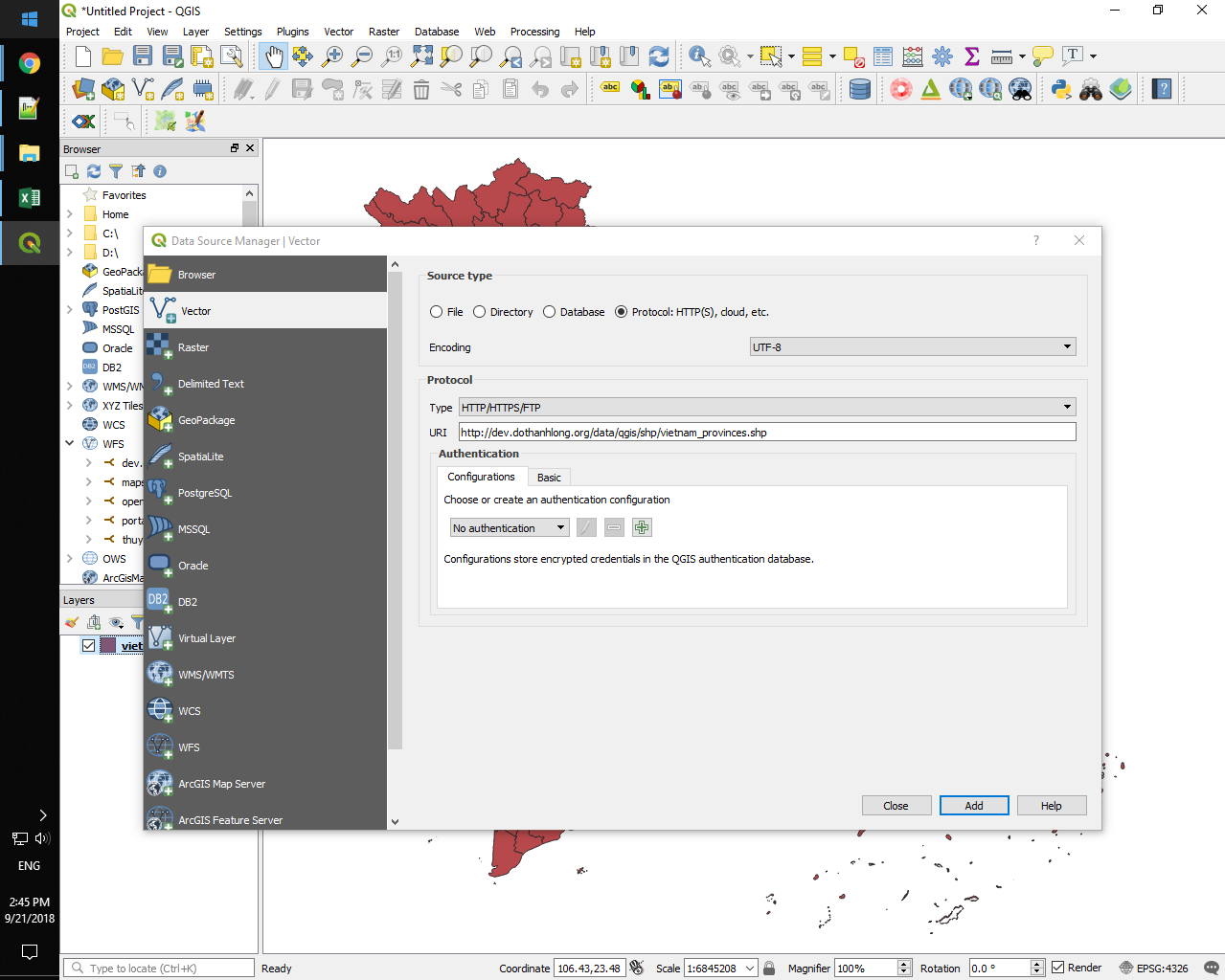 Mở dữ liệu Shapefile trong QGIS thông qua URL