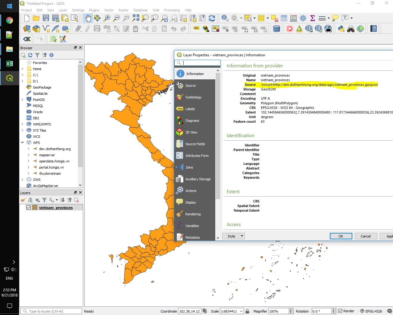 Mở remote GeoJson trong QGIS